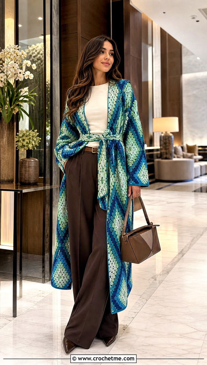 Belted Howls Crochet Cardigan With Wide Leg Trousers - 25 Howls Crochet Sweater outfit ideas