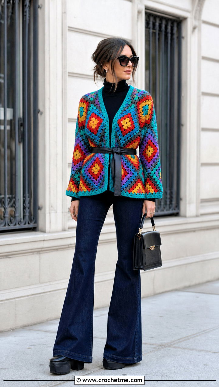 Belted Howls Crochet Jacket With Flared Jeans - 25 Howl's Crochet Jacket outfit ideas