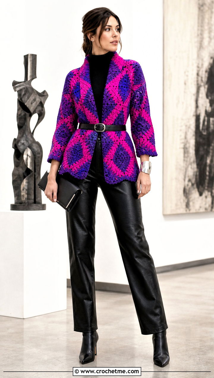 Belted Howls Crochet Jacket With Leather Pants - 25 Howls Crochet Jacket outfit ideas