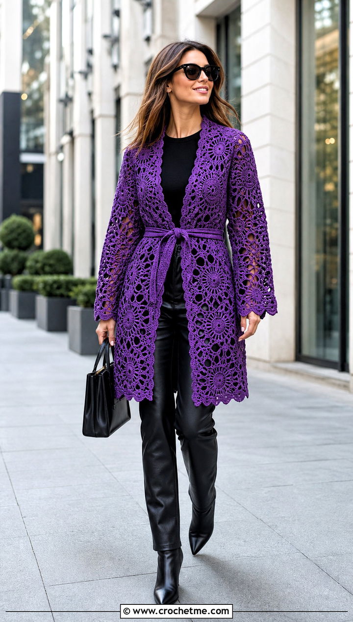 Belted Irish Lace Crochet Coat Jacket With Leather Pants - 15 irish lace crochet jacket outfit ideas