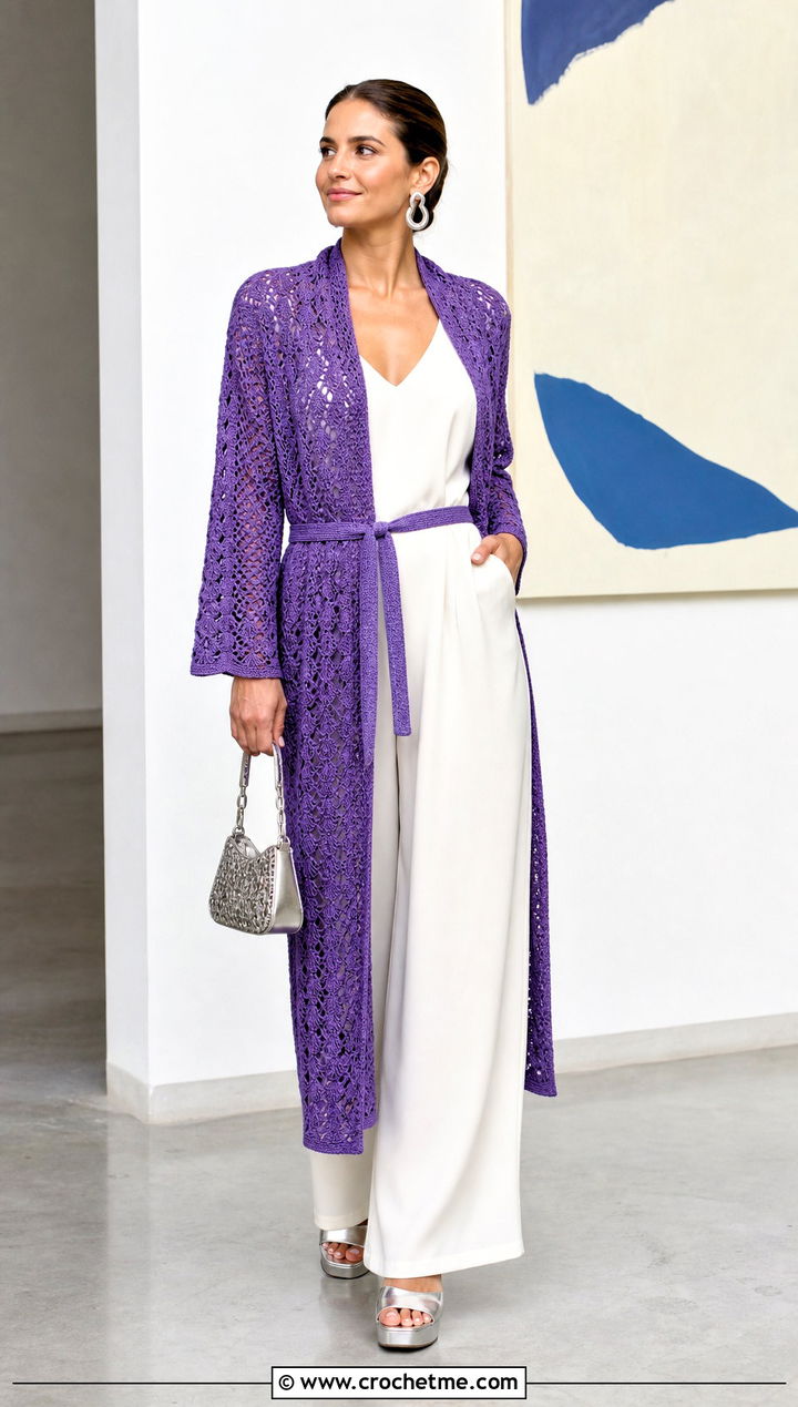 Belted Kimono Cardigan With Wide Leg Jumpsuit - 25 kimono crochet cardigan outfit ideas
