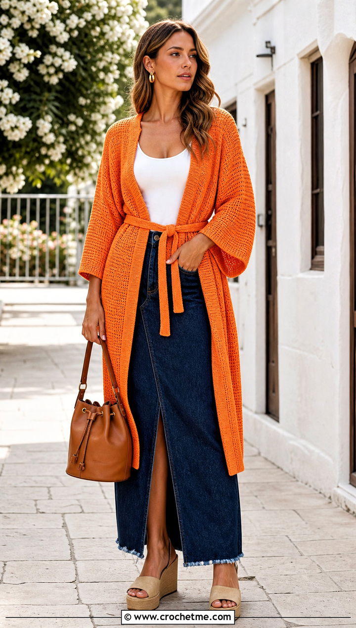 Belted Kimono Sport Weight Crochet Cardigan With Denim Maxi Skirt - 15 Sport Weight Crochet Cardigan outfit ideas
