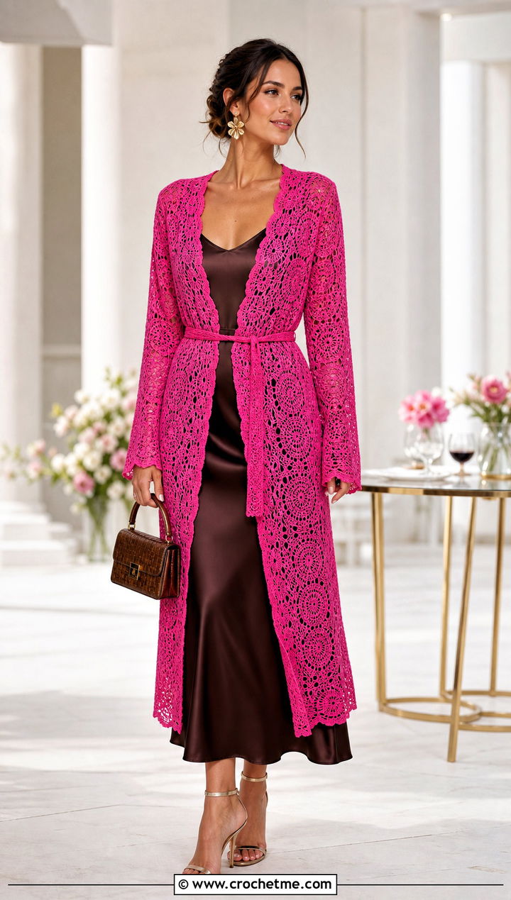 Belted Lace Crochet Cardigan With Slip Dress - 30 long crochet cardigan outfit ideas