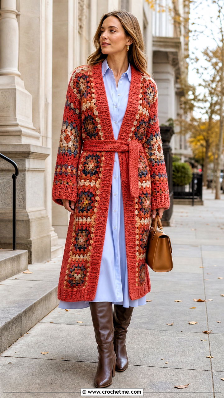 Belted Long Chunky Granny Square Cardigan With Shirt Dress - 35 Chunky Granny Square Cardigan outfit ideas