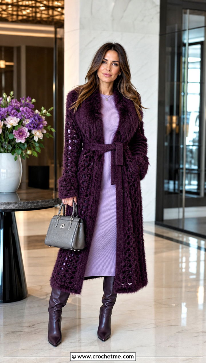 Belted Long Crochet Fur Jacket With Knit Dress - 30 crochet fur jacket outfit ideas