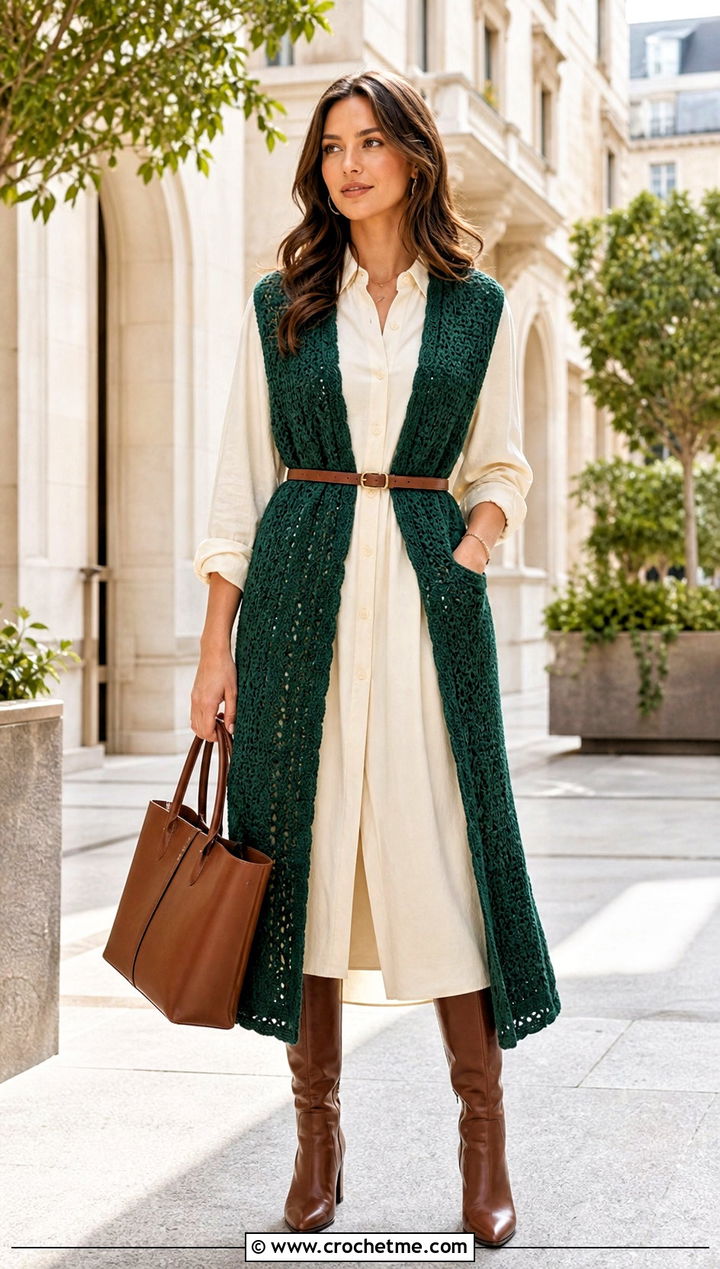 Belted Long Crochet Vest With Shirt Dress - 35 diy crochet vest outfit ideas