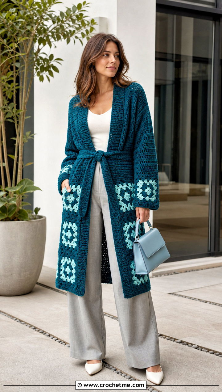 Belted Long Granny Square Cardigan With Wide Leg Trousers - 35 long granny square cardigan outfit ideas