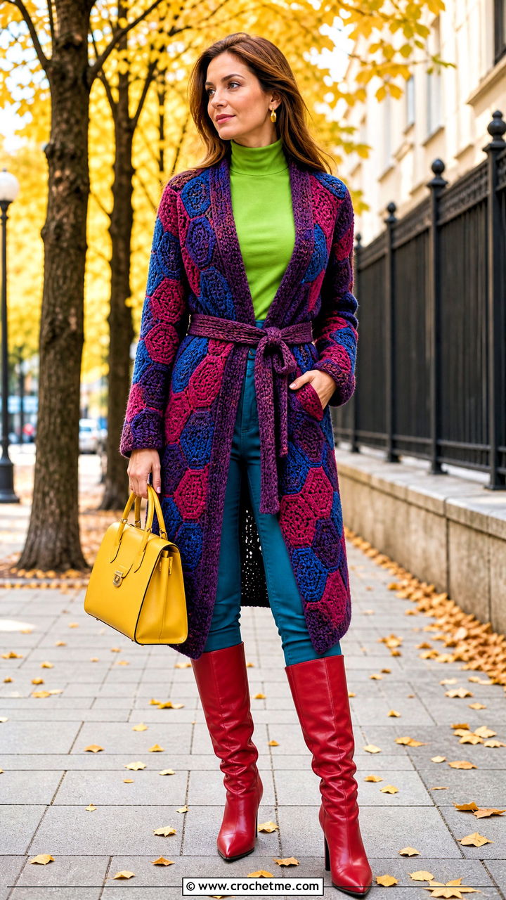 Belted Long Hexagon Cardigan With Slim Jeans - 35 crochet hexagon cardigan outfit ideas