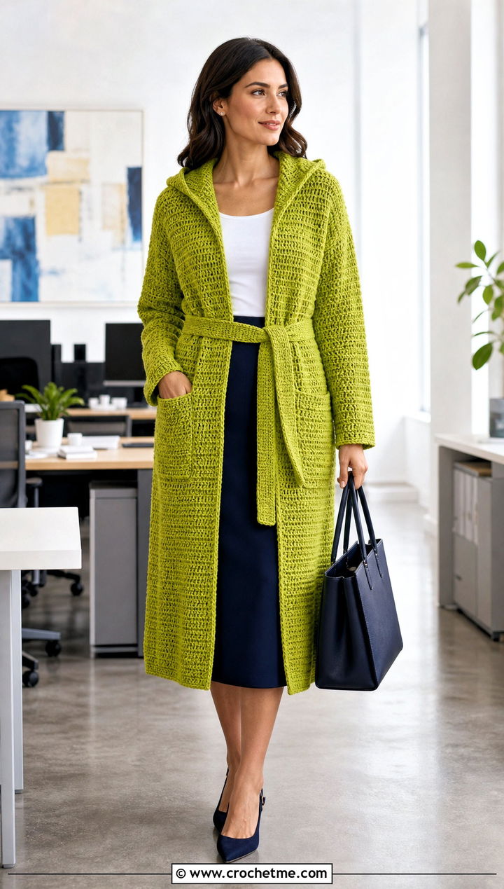 Belted Long Hooded Cardigan With Pencil Skirt - 25 crochet long hooded cardigan outfit ideas