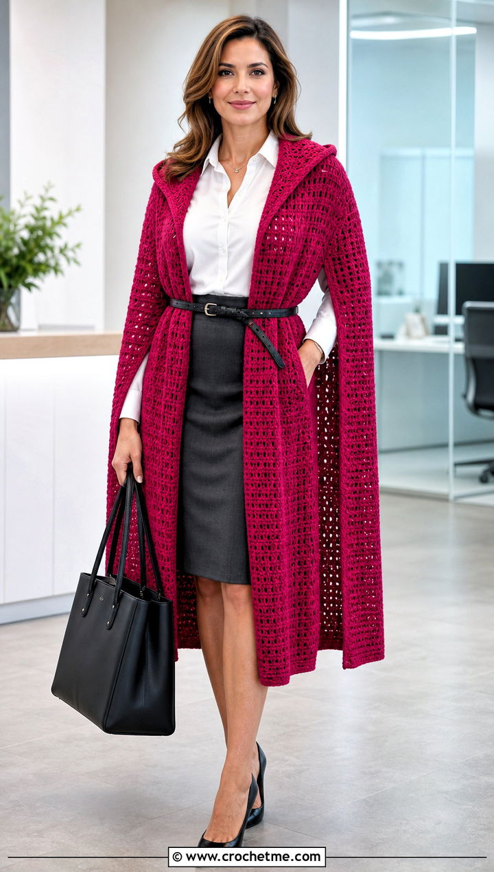 Belted Long Hooded Crochet Cape With Pencil Skirt - 25 Long Hooded Crochet Cape outfit ideas