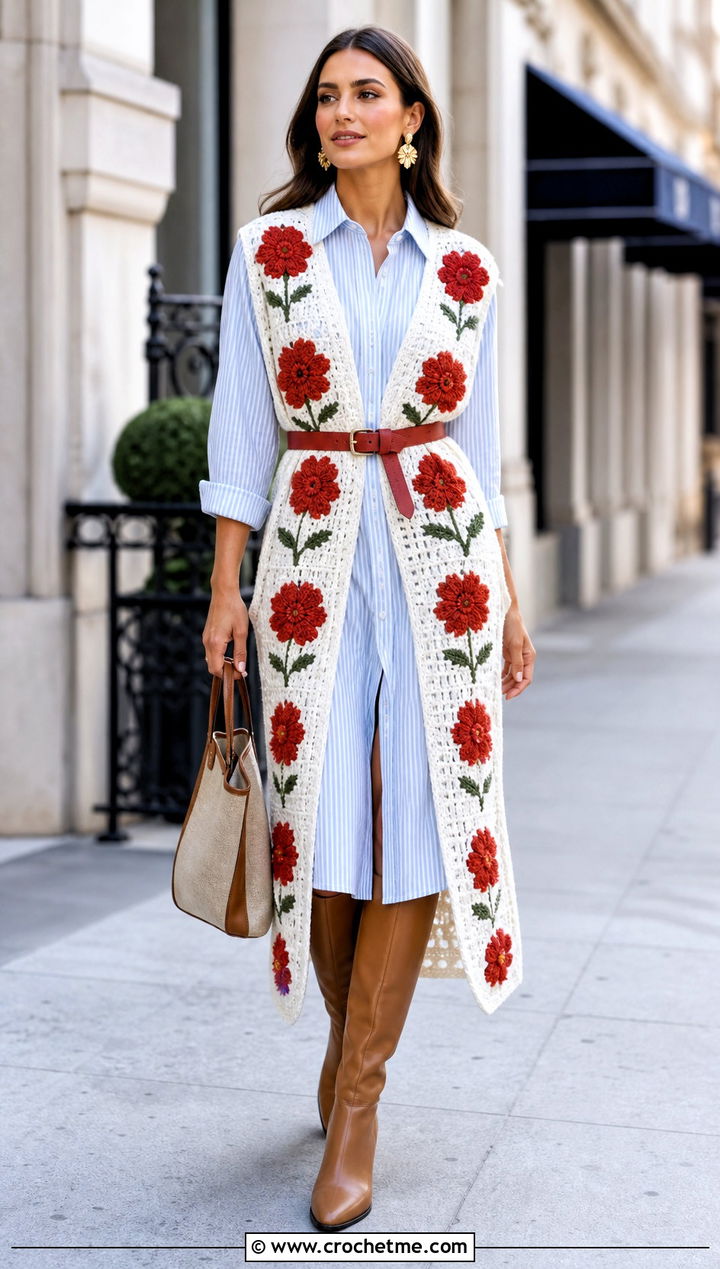 Belted Long White Crochet Vest With Shirt Dress - 35 white crochet vest outfit ideas
