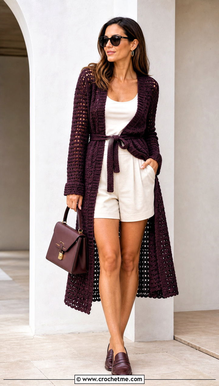 Belted Longline Crochet Cardigan With Tailored Shorts - 15 Easy Crochet Cardigan For Women outfit ideas