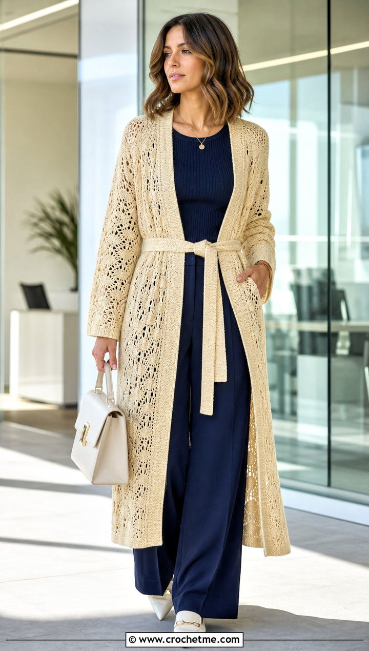Belted Longline Crochet Raglan Jacket With Wide Leg Trousers - 15 crochet raglan jacket outfit ideas