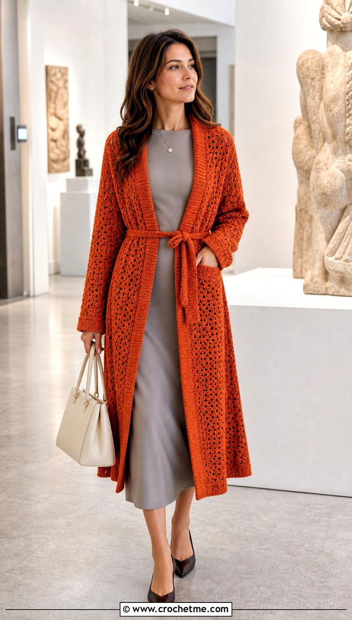 Belted Longline Crochet Sweater Jacket With Column Dress - 20 Crochet Sweater Jacket outfit ideas