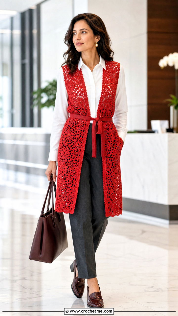 Belted Longline Crochet Vest With Shirt And Trousers - 35 easy crochet vest outfit ideas