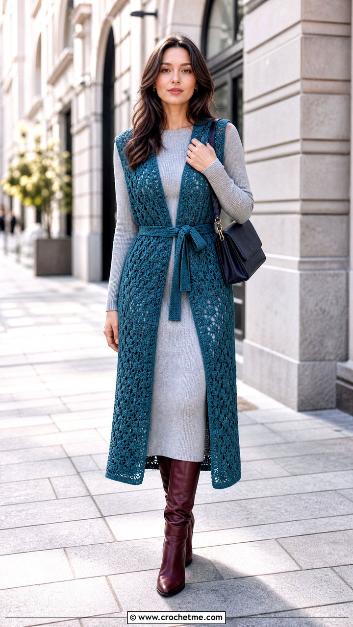 Belted Longline Crochet Waistcoat With Knit Dress - 35 crochet waistcoat outfit ideas