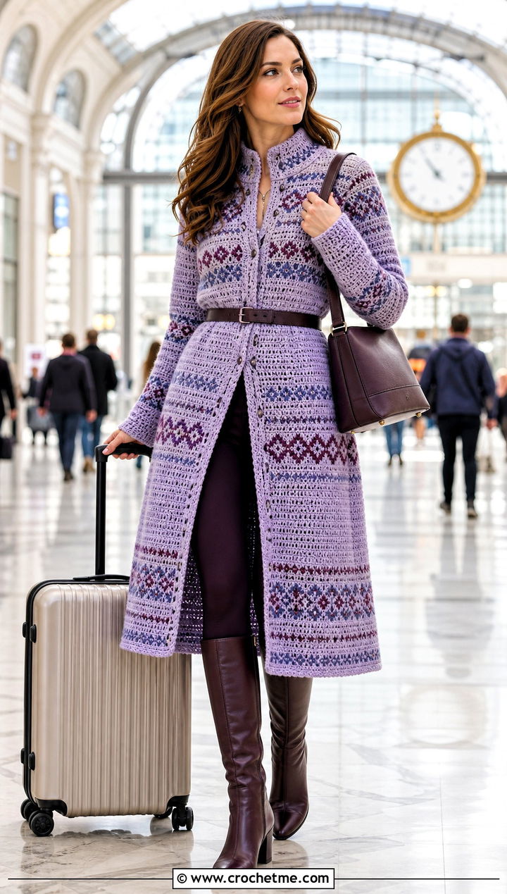 Belted Longline Fair Isle Crochet Sweater With Leggings - 25 fair isle crochet sweater outfit ideas