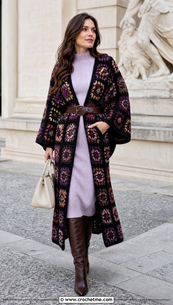 Belted Longline Granny Square Ruana With Knit Dress - 25 Granny Square Ruana outfit ideas