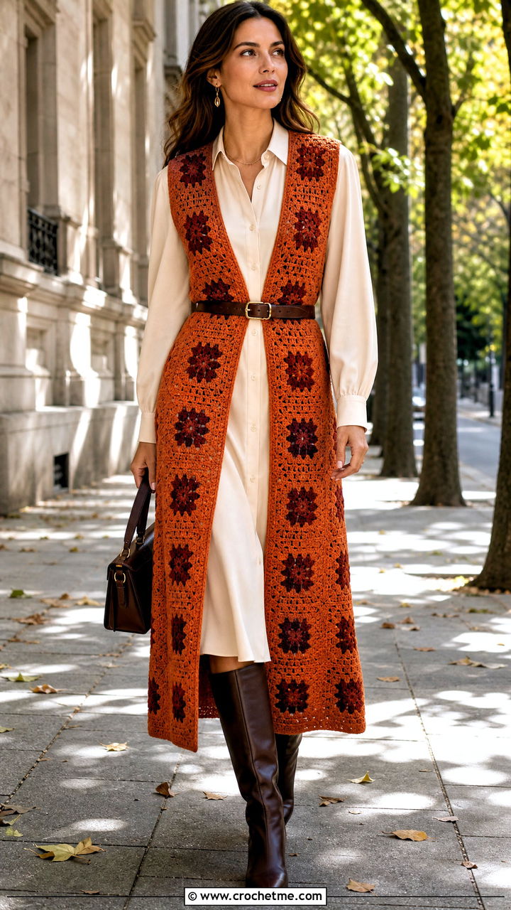 Belted Longline Granny Square Vest With Shirt Dress - 35 granny square vest outfit ideas