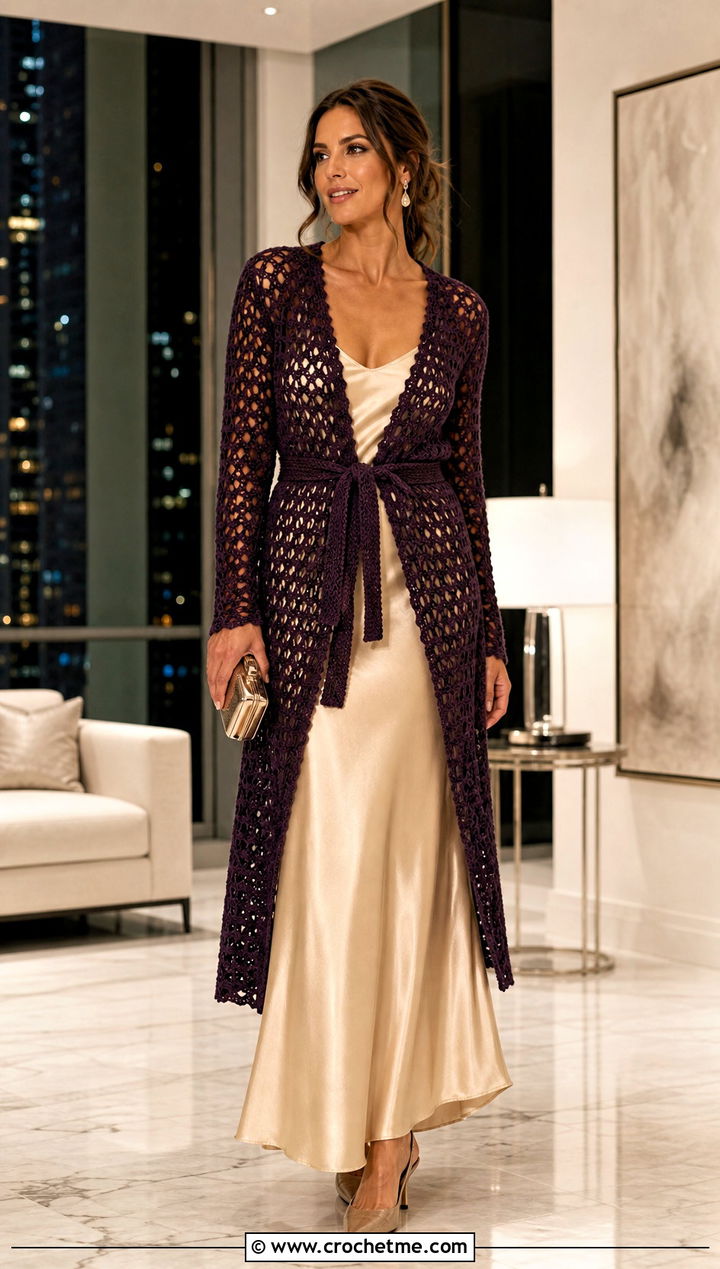 Belted Longline Hex Crochet Cardigan With Satin Maxi Skirt - 35 hex crochet cardigan outfit ideas