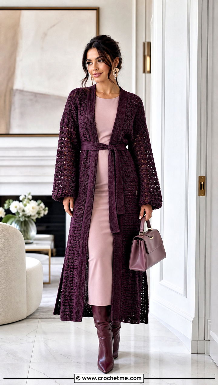 Belted Longline Puffy Sleeve Cardigan With Column Dress - 25 Crochet Puffy Sleeves Cardigan outfit ideas