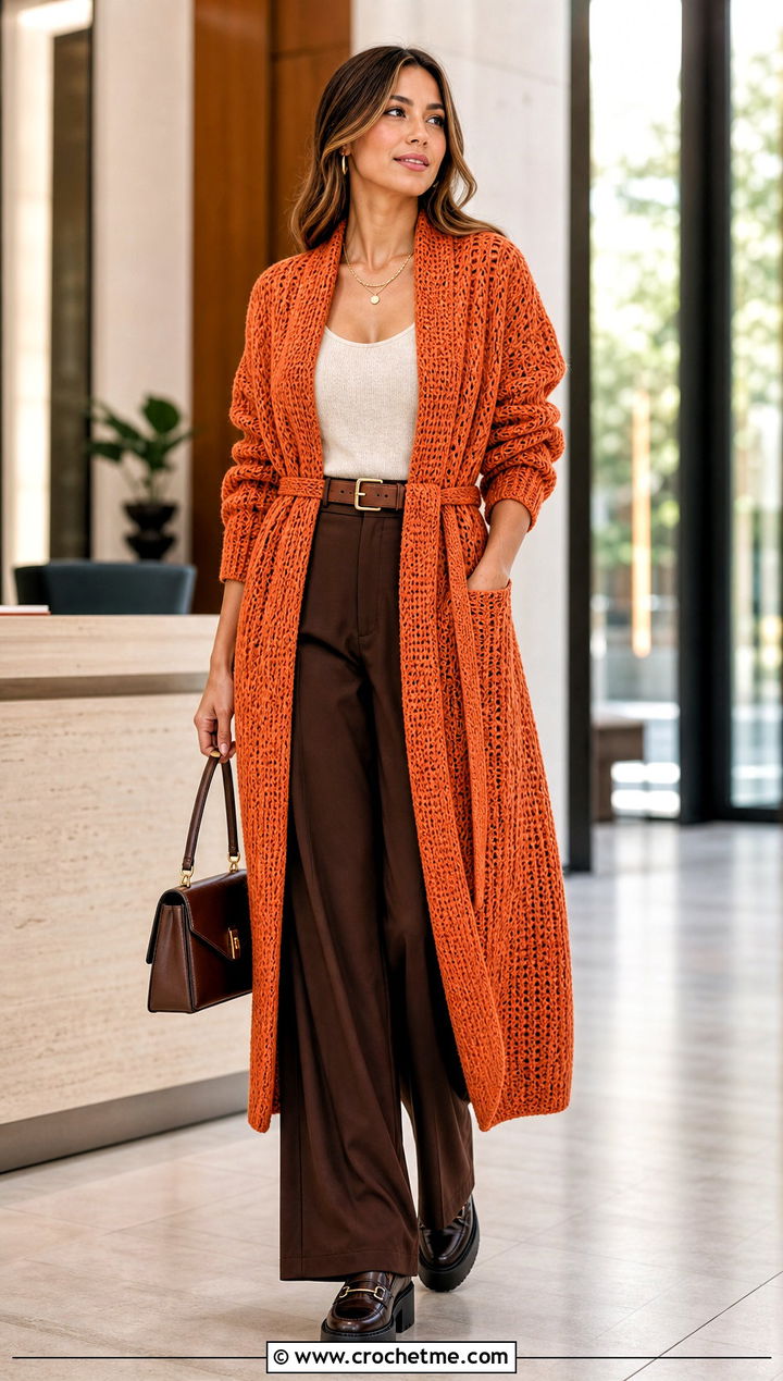 Belted Longline Shawl Crochet Cardigan With Wide Leg Pants - 25 Shawl Crochet Cardigan outfit ideas