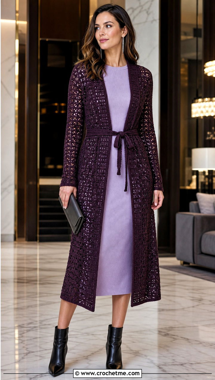 Belted Longline Sport Weight Crochet Cardigan With Column Dress - 20 Crochet Cardigan Sport Weight Yarn outfit ideas