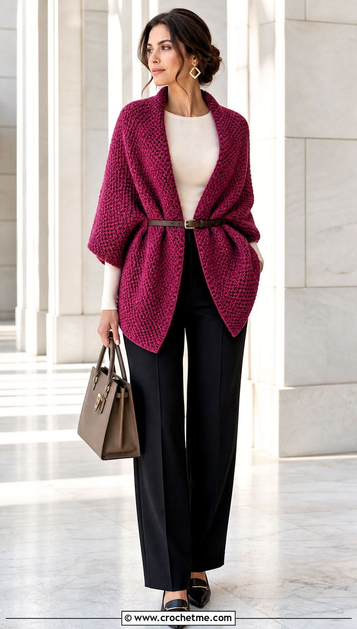 Belted Moss Stitch Shawl With Tailored Pants - 25 Crochet Moss Stitch Shawl outfit ideas