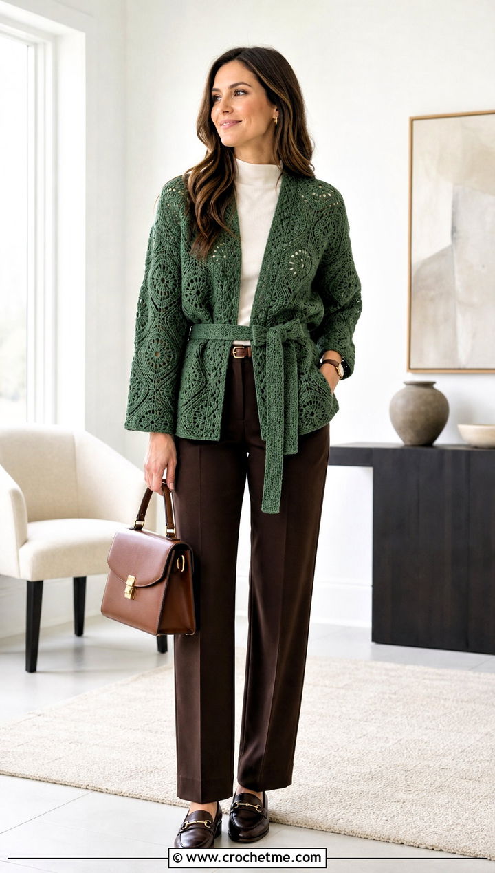 Belted Octagon Crochet Cardigan With Tailored Pants - 25 Octagon Crochet Cardigan outfit ideas