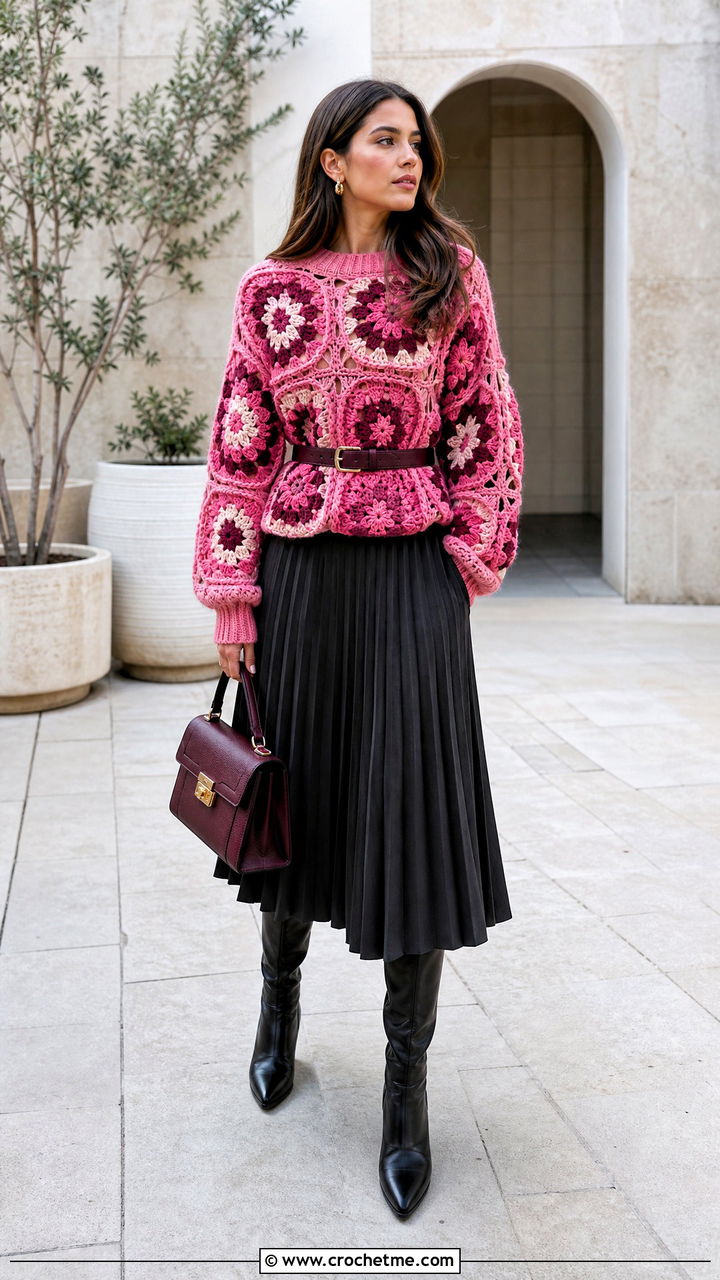 Belted Oversized Big Granny Square Sweater With Midi Skirt - 35 big granny square sweater outfit ideas