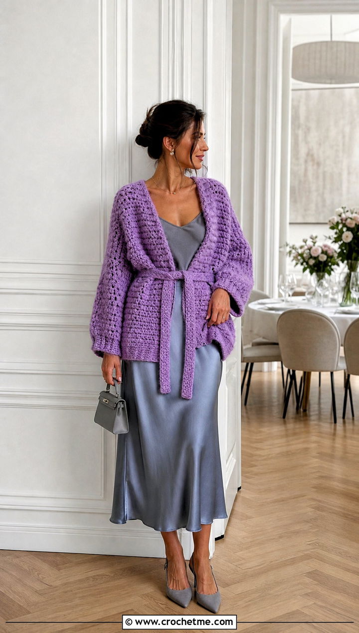 Belted Oversized Chunky Crochet Cardigan With Satin Skirt - 25 oversized chunky crochet cardigan outfit ideas