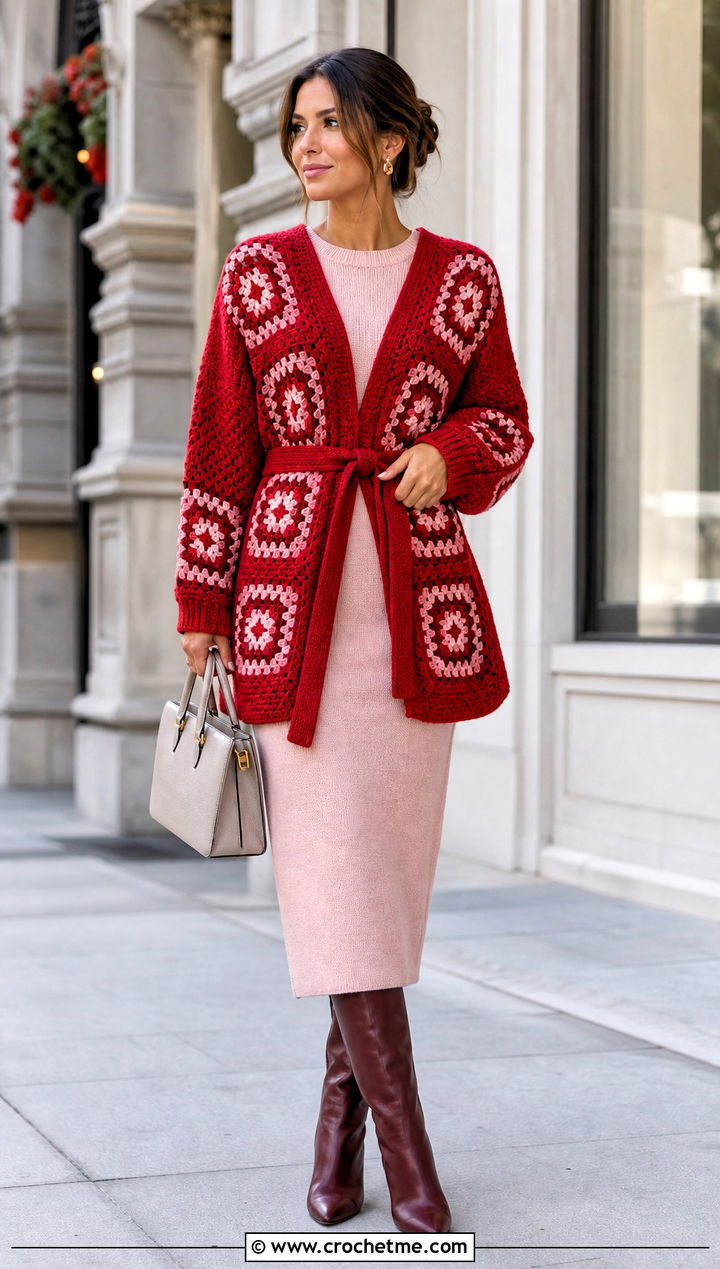 Belted Oversized Granny Square Cardigan With Midi Dress - 25 Oversized Granny Square Cardigan outfit ideas