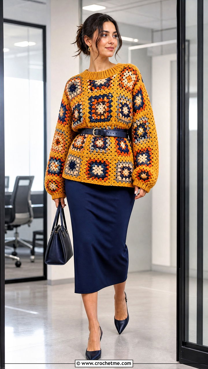 Belted Oversized Granny Square Jumper With Pencil Skirt - 35 crochet granny square jumper outfit ideas