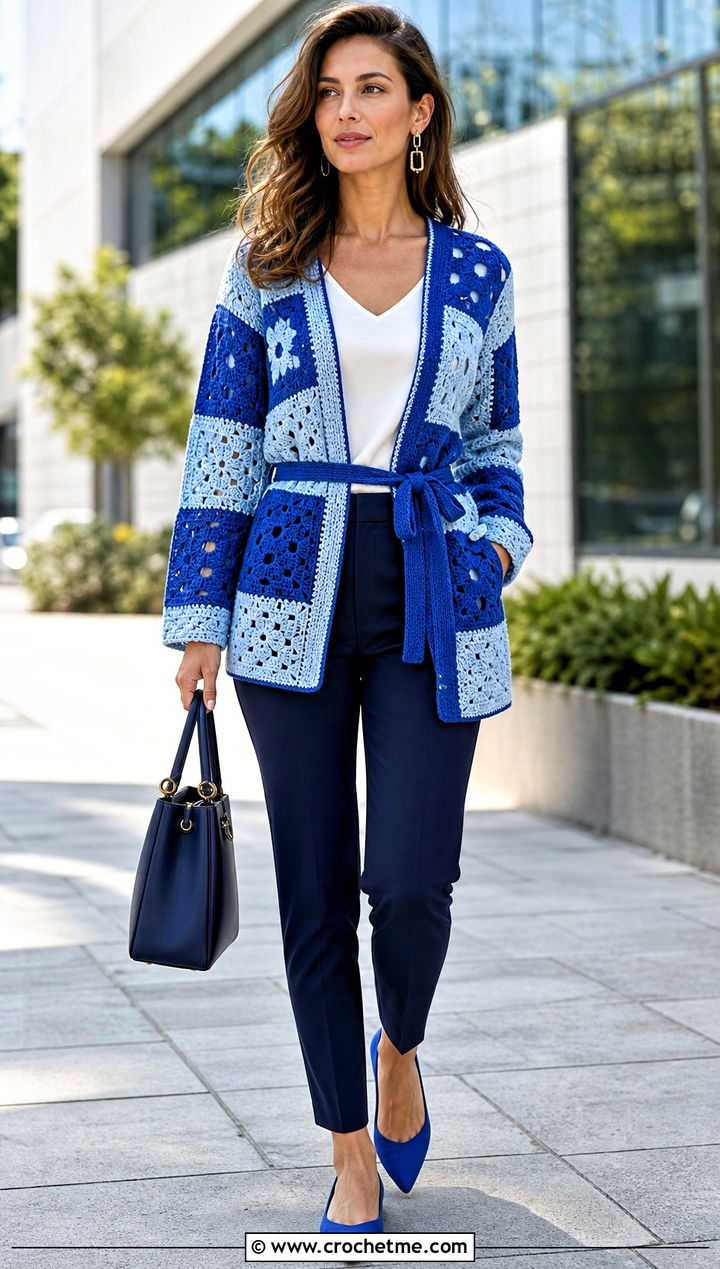 Belted Patchwork Cardigan With Slim Ankle Pants - 30 crochet patch work cardigan outfit ideas