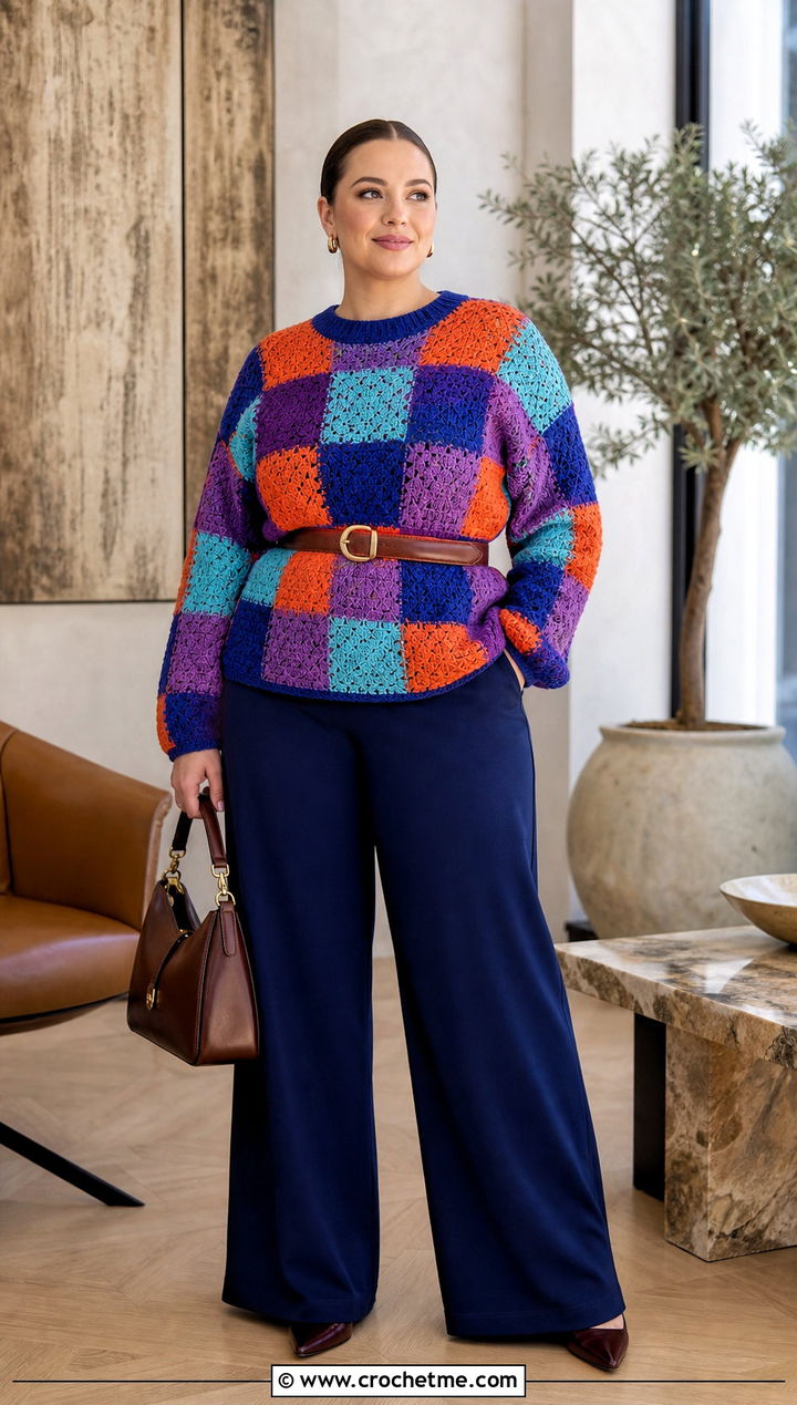 Belted Patchwork Checkered Sweater With Wide Leg Pants - 30 crochet checkered sweater outfit ideas