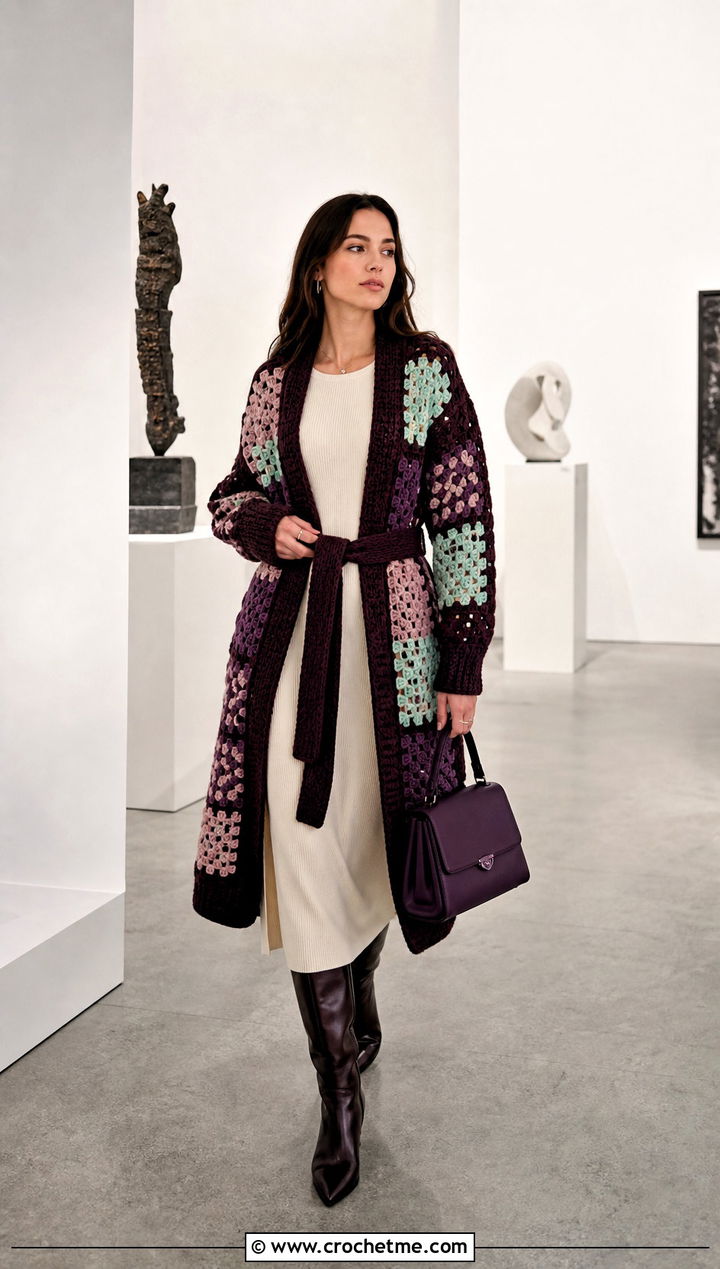 Belted Patchwork Crochet Cardigan With Column Dress - 15 harry styles patchwork crochet cardigan outfit ideas