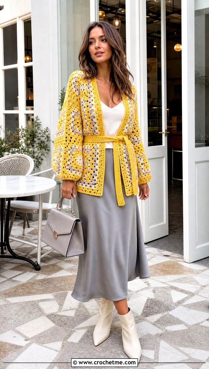 Belted Pentagon Granny Square Cardigan With Satin Midi Skirt - 25 Pentagon Granny Square Cardigan outfit ideas