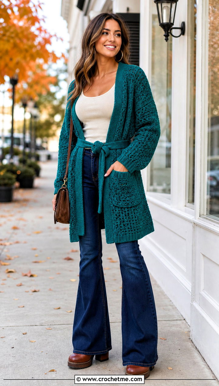 Belted Pocket Crochet Cardigan With Flared Jeans - 25 crochet sweater with pockets outfit ideas