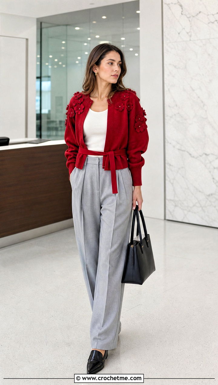 Belted Puff Flower Cardigan With Pleated Trousers - 15 Crochet Puff Flower Cardigan outfit ideas