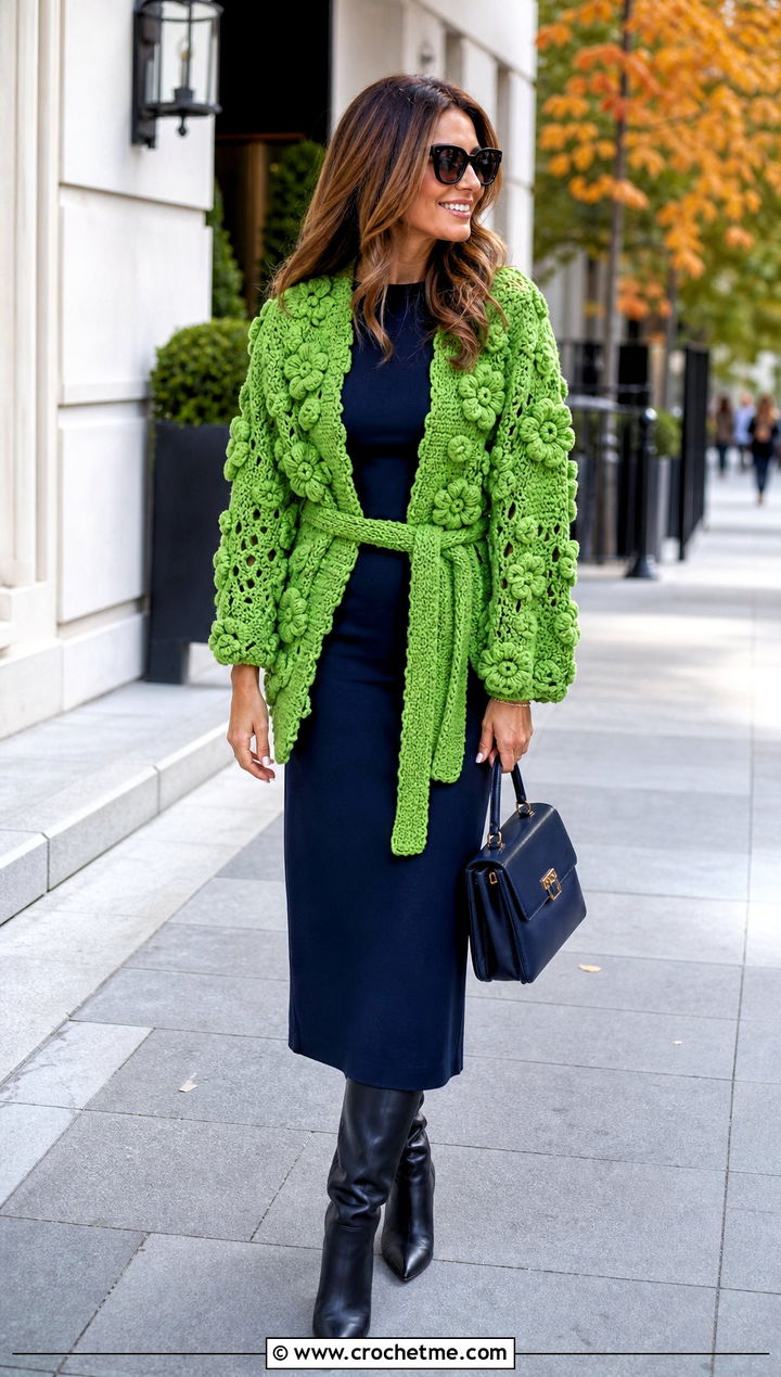 Belted Puff Flower Crochet Cardigan With Column Dress - 25 puff flower crochet cardigan outfit ideas