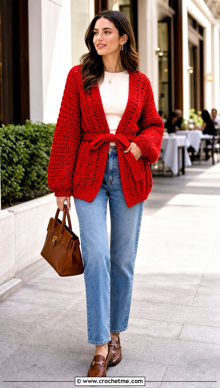 Belted Puffy Crochet Cardigan With Straight Leg Jeans - 30 puffy crochet cardigan outfit ideas