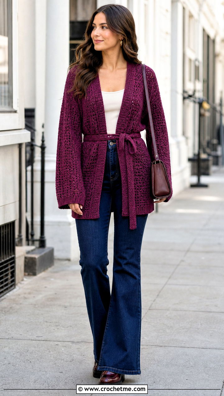 Belted Purple Crochet Cardigan With Flared Jeans - 35 purple crochet cardigan outfit ideas