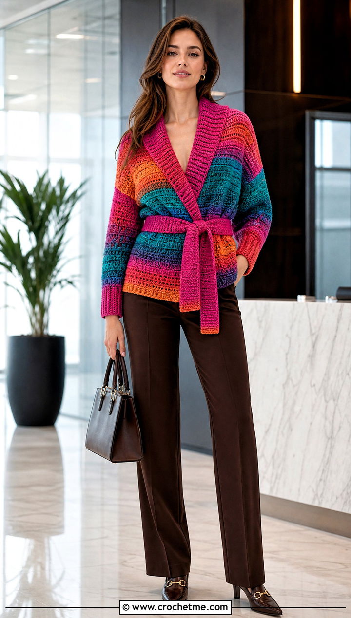 Belted Rainbow Crochet Cardigan With Tailored Trousers - 25 Rainbow Crochet Cardigan outfit ideas