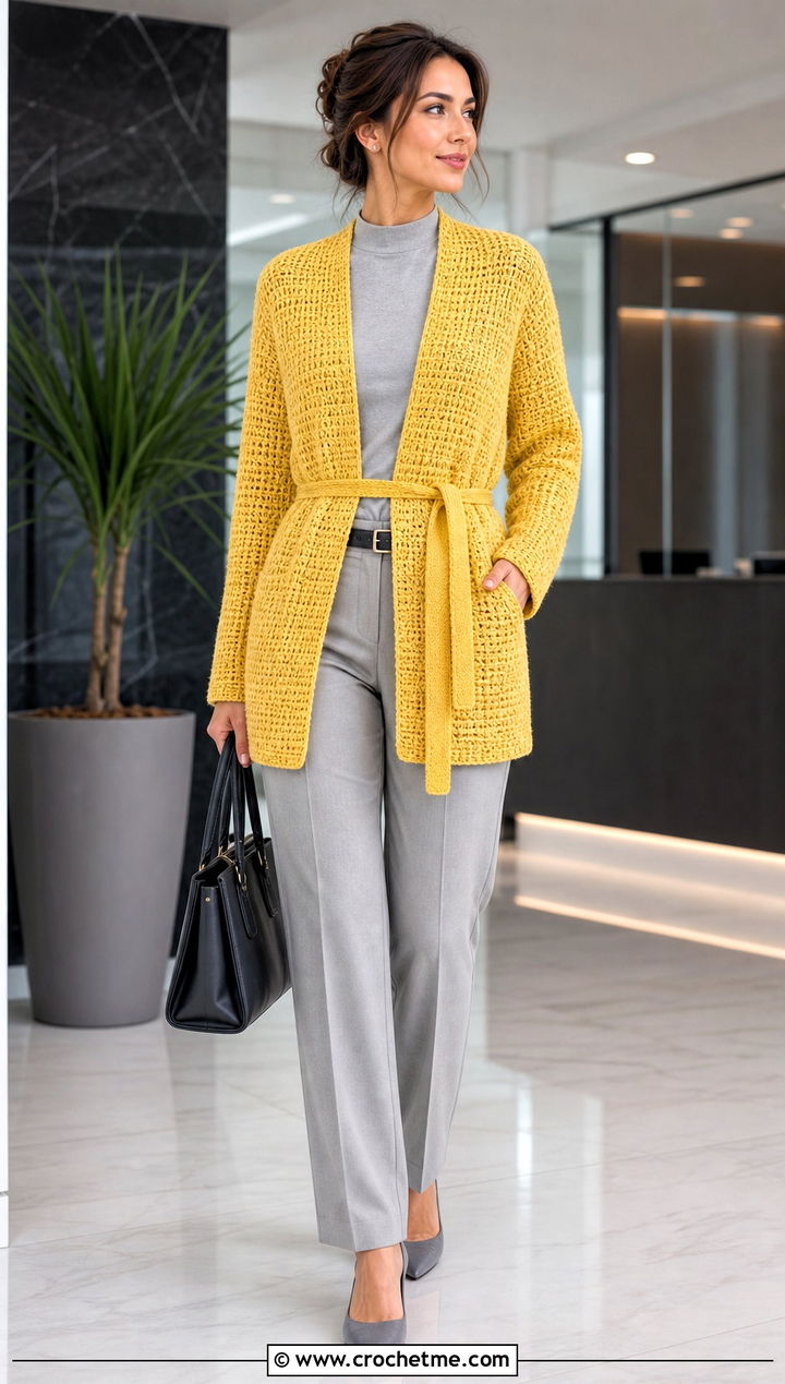 Belted Rectangle Cardigan With A Monochrome Work Outfit - 15 Crochet Sweater From Rectangle outfit ideas