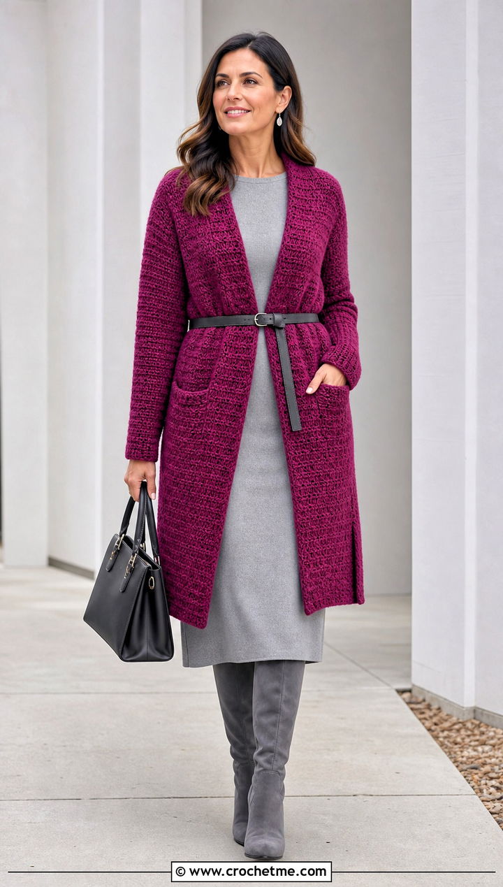 Belted Rectangle Cardigan With Knit Midi Dress - 15 Crochet Rectangle Cardigan outfit ideas