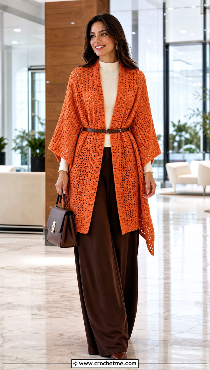 Belted Rectangle Poncho With Wide Leg Trousers - 30 crochet rectangle poncho outfit ideas