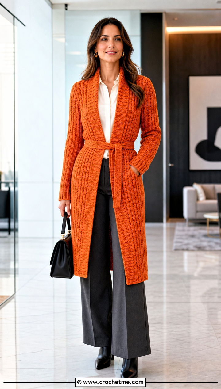 Belted Ribbed Crocheted Sweater Coat With Wide Leg Trousers - 15 colorful crocheted sweater coat outfit ideas
