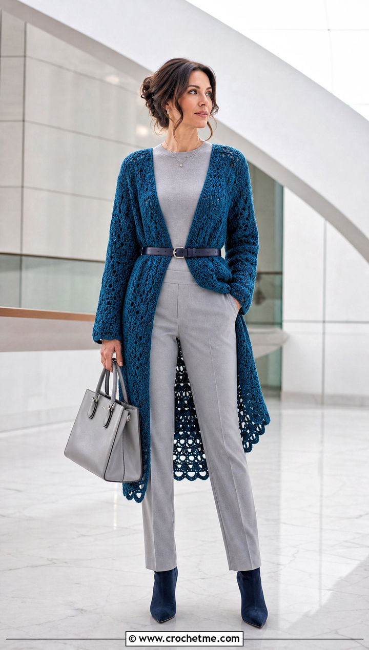Belted Round Crochet Cardigan With Monochrome Basics - 35 round crochet cardigan outfit ideas