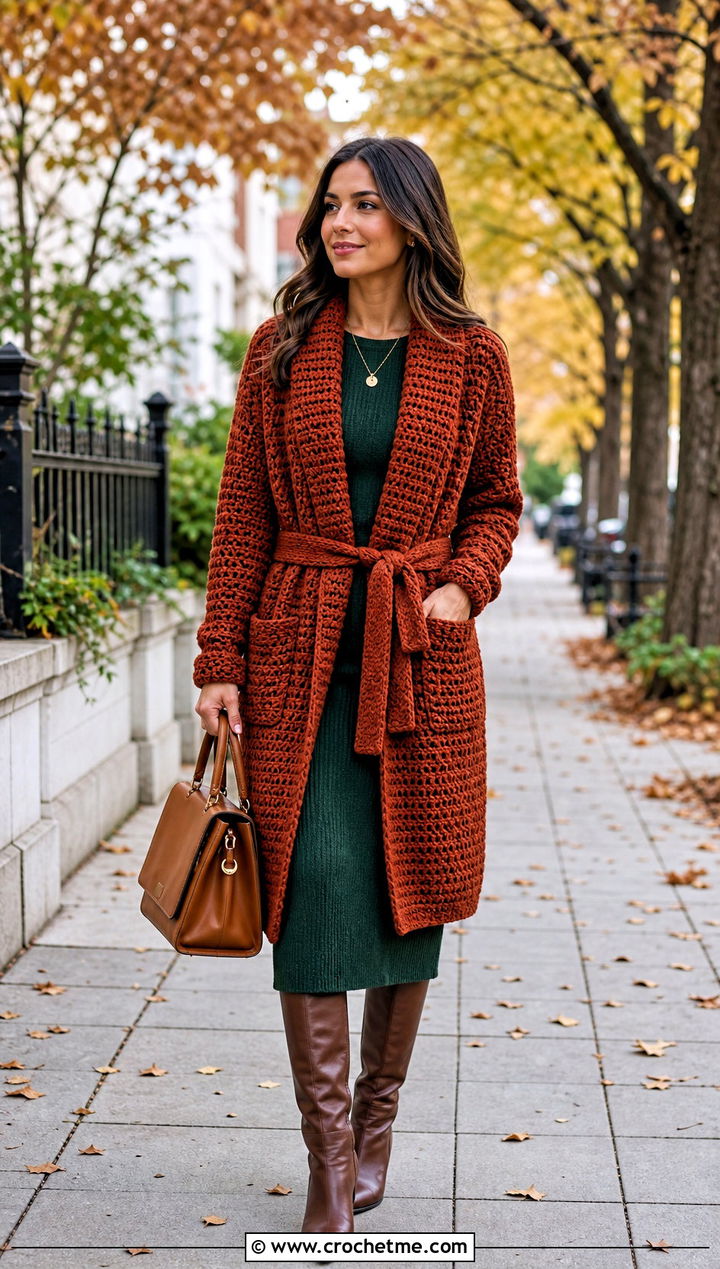 Belted Rust Colored Crochet Cardigan With Knit Dress - 15 rust-colored crochet cardigan outfit ideas