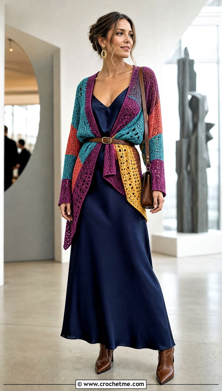 Belted Scrap Cardigan With Slip Dress - 15 Crochet Scrap Cardigan outfit ideas
